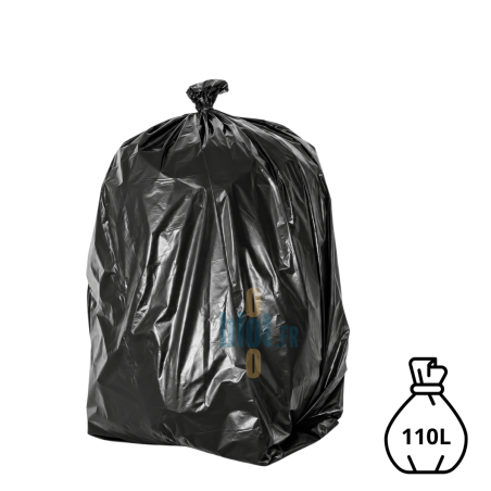 Sac poubelle noir KFB de 110 litres et 55 microns, rempli et fermé avec un lien classique
