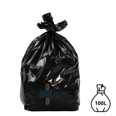 Sac poubelle noir KFB de 100 litres et 55 microns, présenté rempli et noué