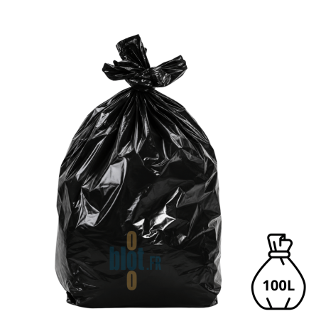 Sac poubelle noir KFB de 100 litres et 55 microns, présenté rempli et noué