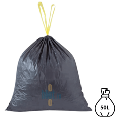 Sac poubelle gris/noir KFB de 50 litres, fermé par des liens coulissants jaunes