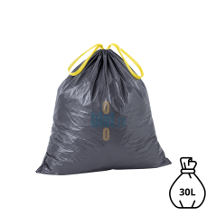 Sac poubelle noir KFB de 30 litres rempli et fermé par des liens coulissants jaunes