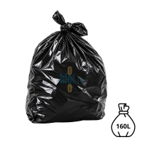 Sac poubelle noir KFB de 160 litres et 55 microns, rempli et noué en partie supérieure
