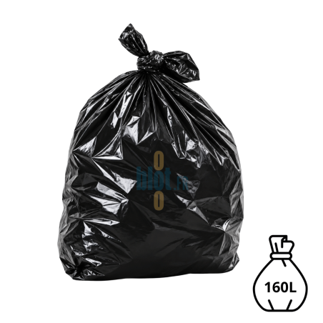 Sac poubelle noir KFB de 160 litres et 55 microns, rempli et noué en partie supérieure