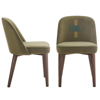 Chaise ANGELINA amande vue de face et de profil, avec assise garnie et piètement en acier coloris bois foncé