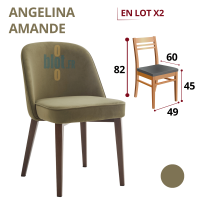 Chaise ANGELINA amande présentée en lot de 2 avec schéma des dimensions et hauteur d’assise de 45 cm