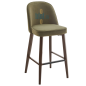 Tabouret ANGELINA amande vu de trois quarts avant, avec dossier garni et piètement en acier coloris bois foncé