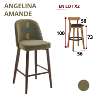 Tabouret ANGELINA amande présenté en lot de 2 avec schéma des dimensions et hauteur d’assise de 73 cm