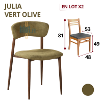 Chaise JULIA vert olive présentée en lot de 2 avec schéma des dimensions et hauteur d’assise de 49 cm