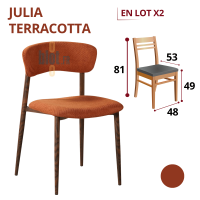 Chaise JULIA terracotta présentée en lot de 2 avec schéma des dimensions et hauteur d’assise de 49 cm