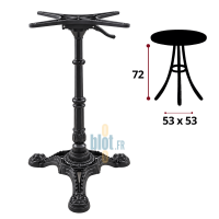 Piètement RÉTRO rabattable avec schéma indiquant une hauteur de 72 cm et un encombrement de 53 × 53 cm