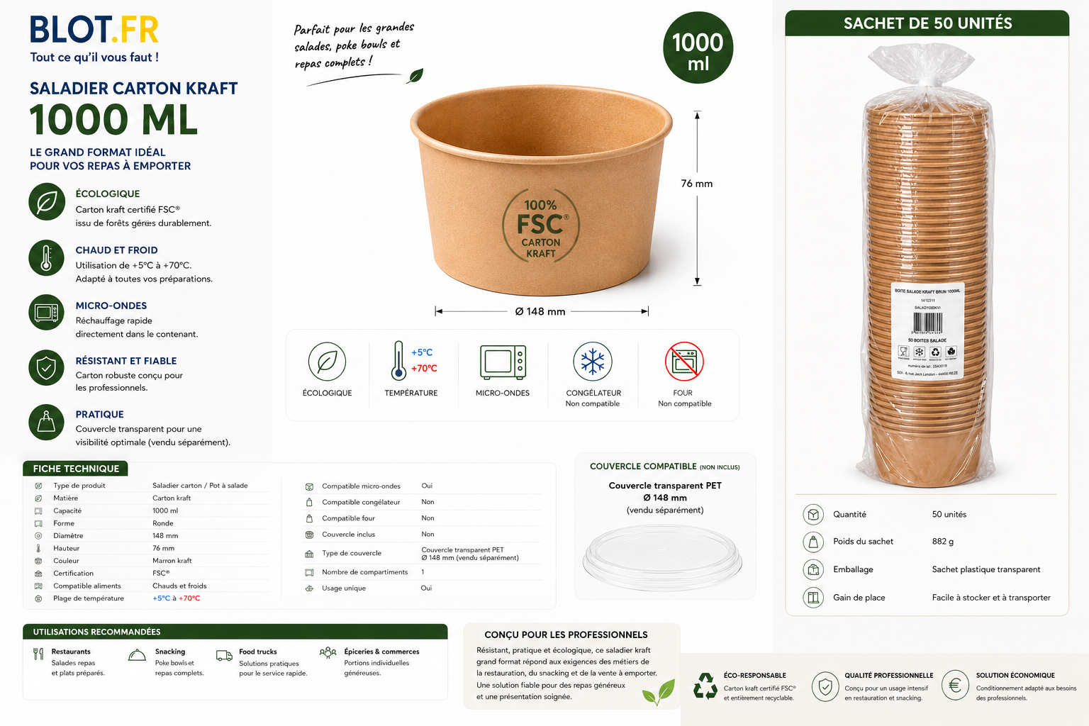 Présentation du saladier carton kraft 1000 ml certifié FSC conditionné en sachet de 50 unités