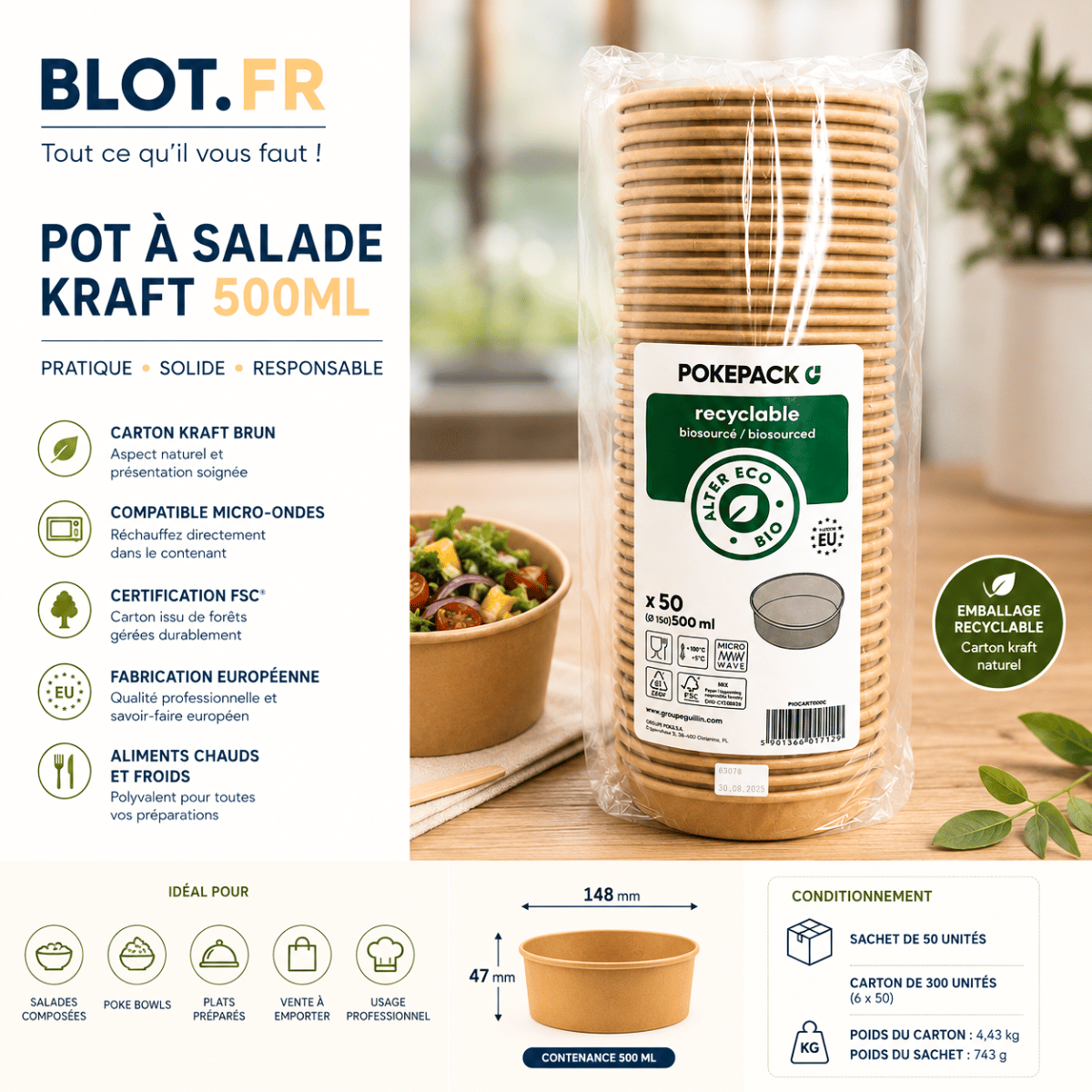 Sachet de 50 pots à salade kraft 500 ml recyclables certifiés FSC