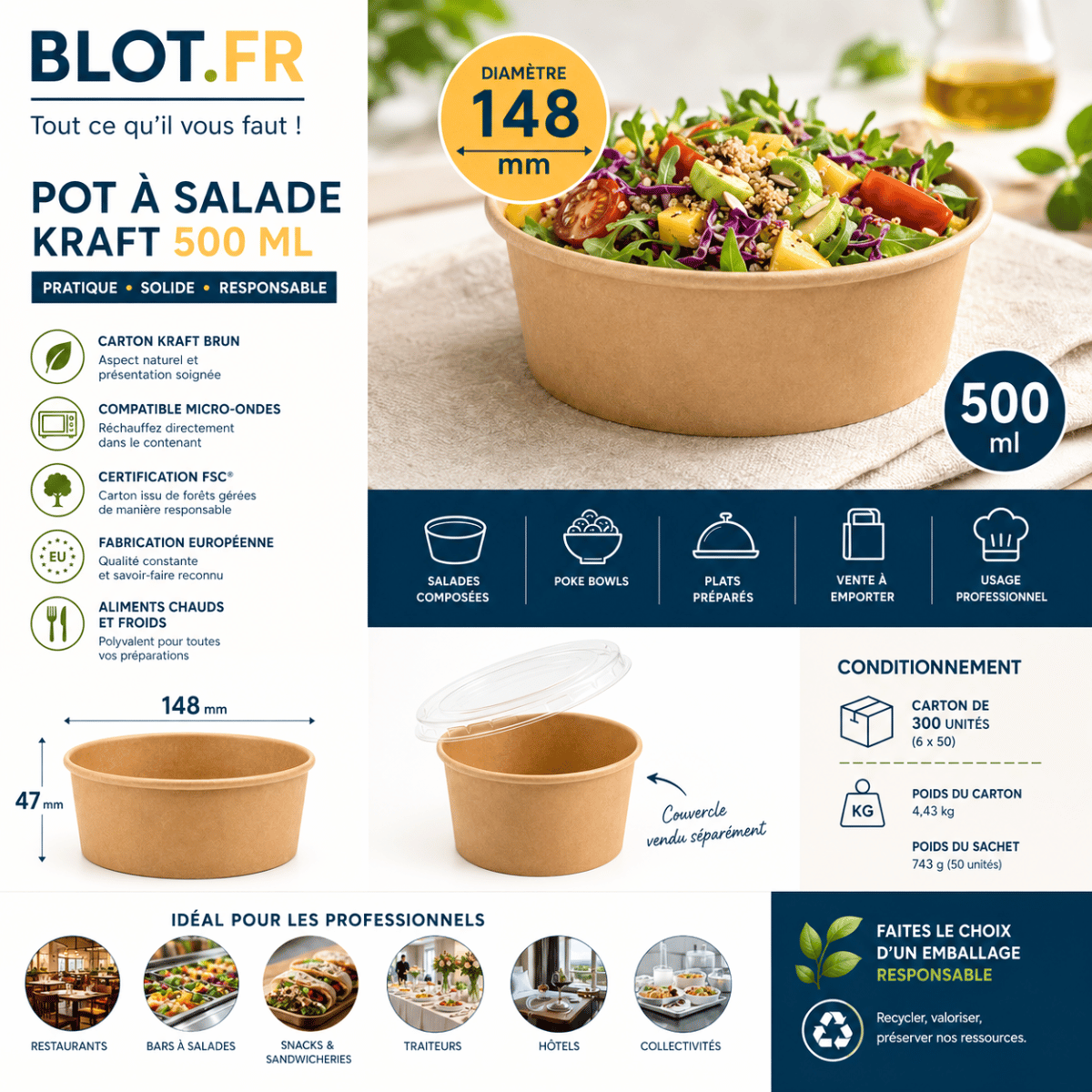 Pot à salade kraft 500 ml micro ondable FSC pour professionnels CHR