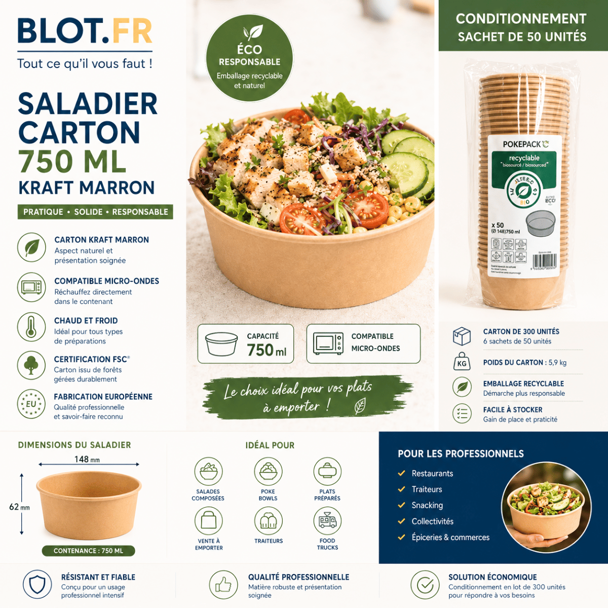 Saladier carton 750 ml kraft marron FSC® compatible micro-ondes et aliments chauds ou froids