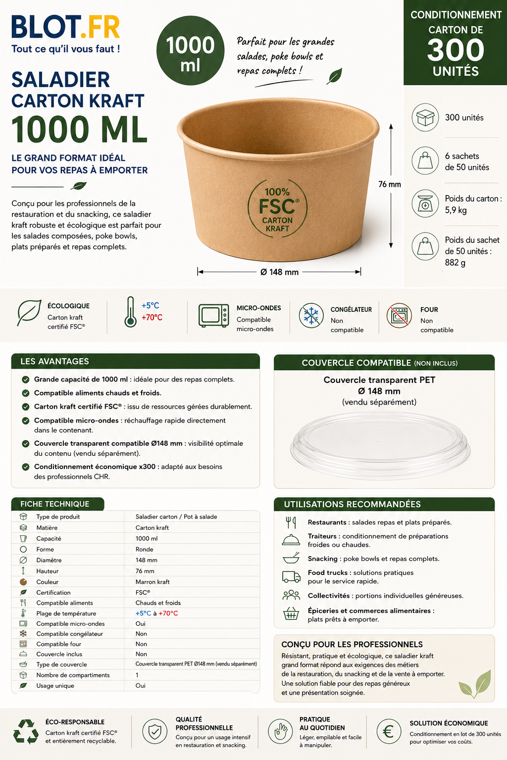 Fiche technique du saladier carton kraft 1000 ml FSC vendu par carton de 300 unités pour professionnels CHR.